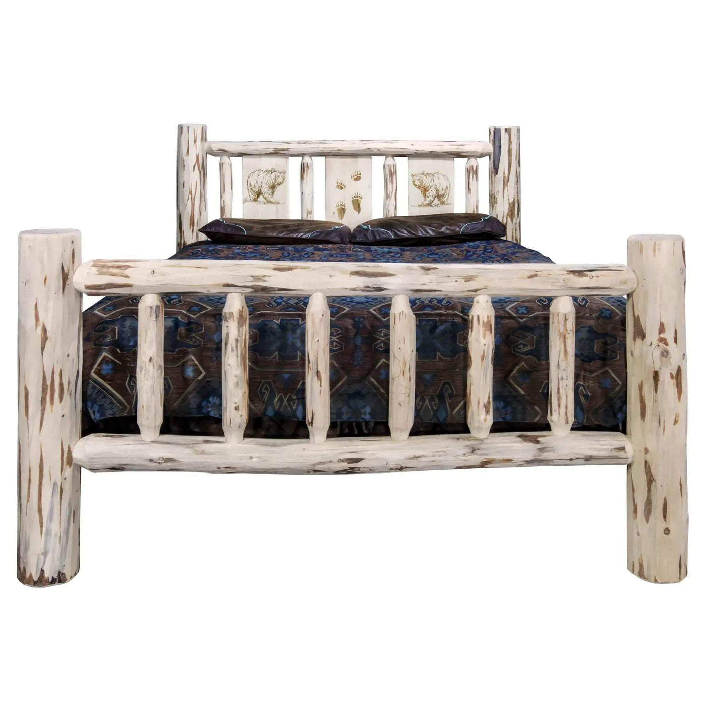 Montana Collection king bed with laser engraved bear design and rustic clear lacquer finish