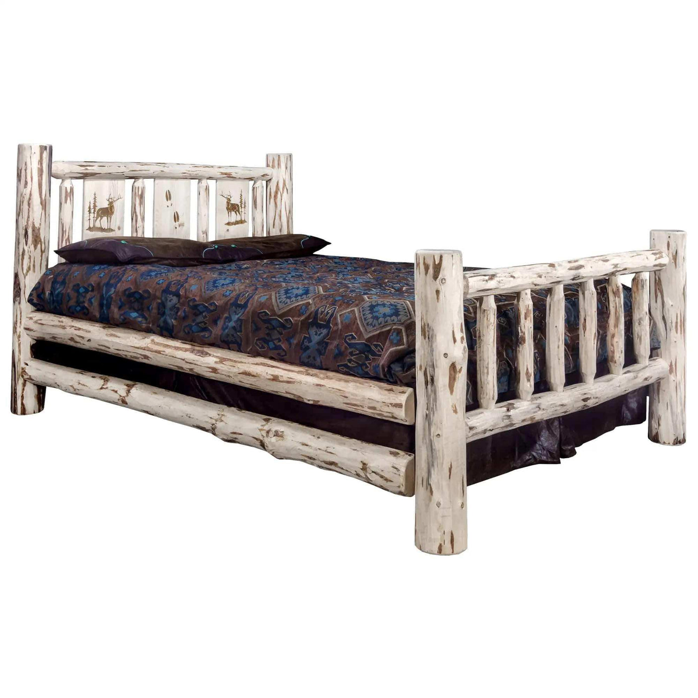 Montana Collection king bed with laser engraved headboard and rustic clear lacquer finish