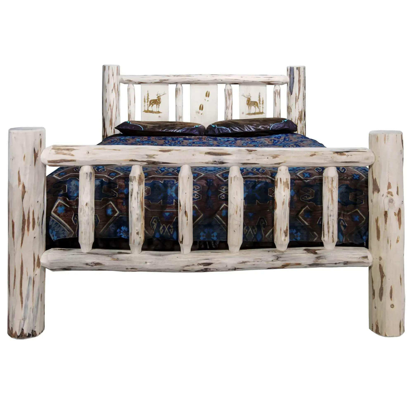 Rustic king bed with log frame and wildlife laser engraved headboard, clear lacquer finish