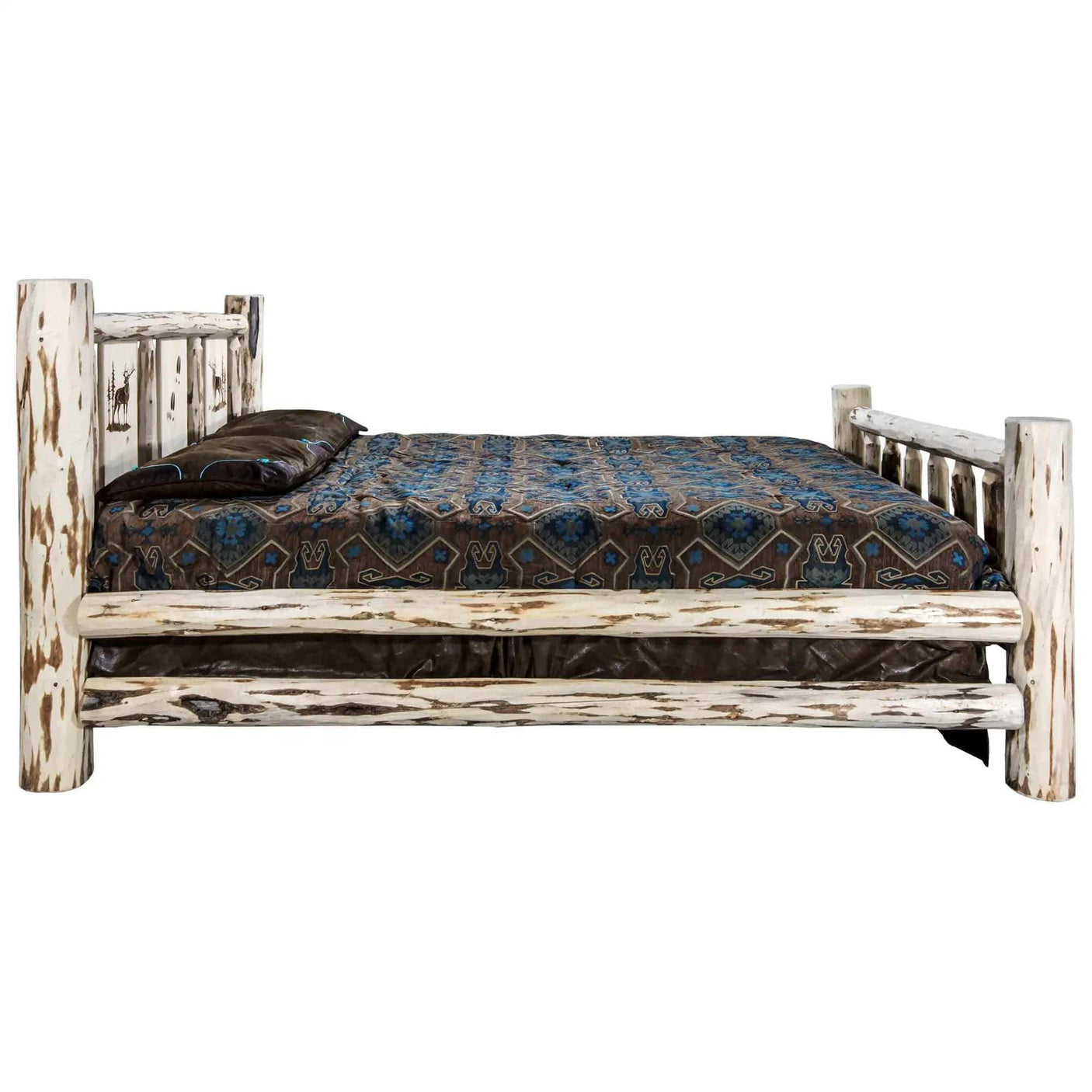 Rustic king bed with laser engraved headboard and clear lacquer finish, Montana Collection