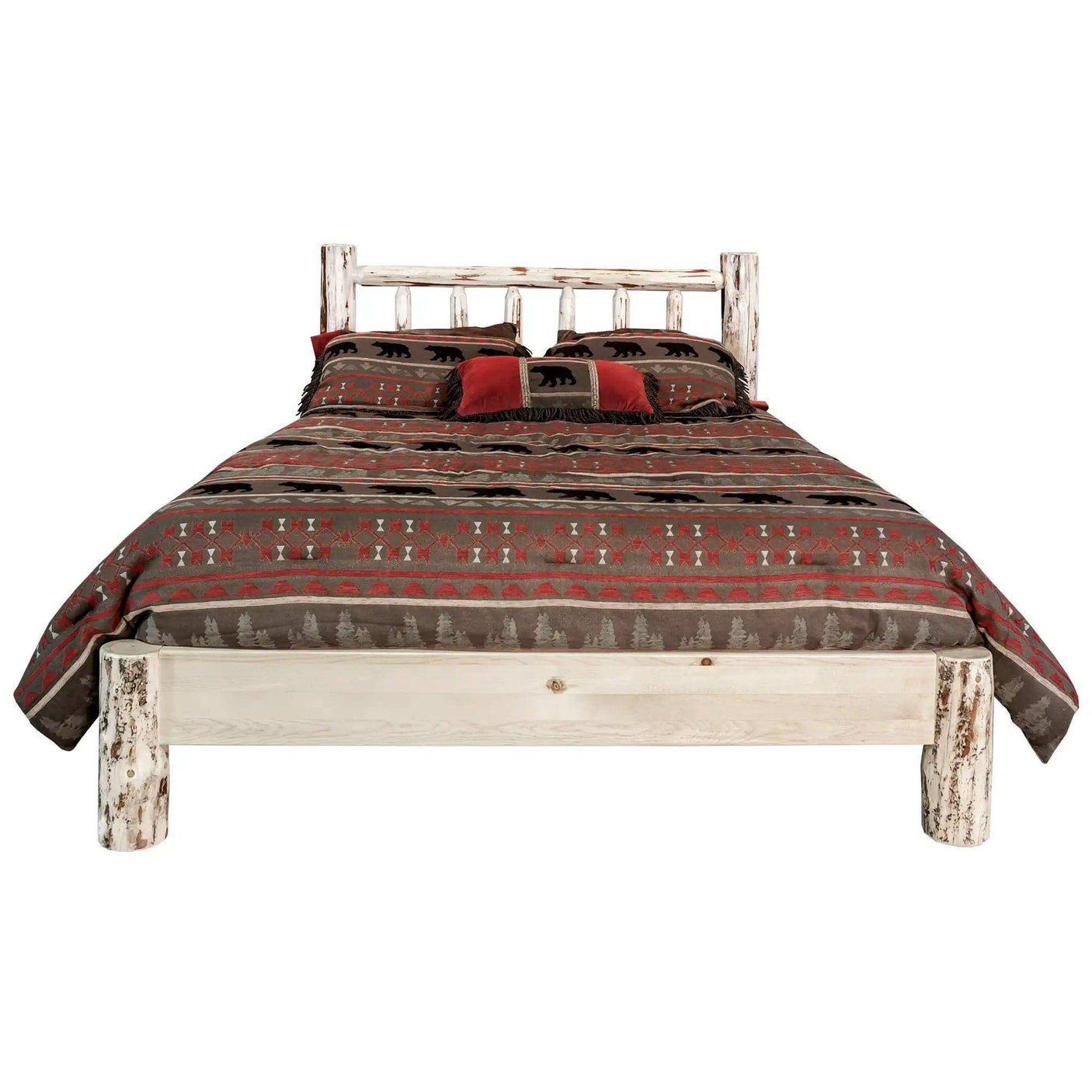 Montana Collection king platform bed with clear lacquer finish and rustic bedding