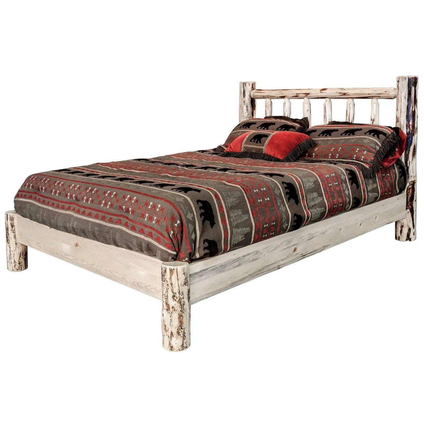 Montana Collection king platform bed with clear lacquer finish and rustic wood frame