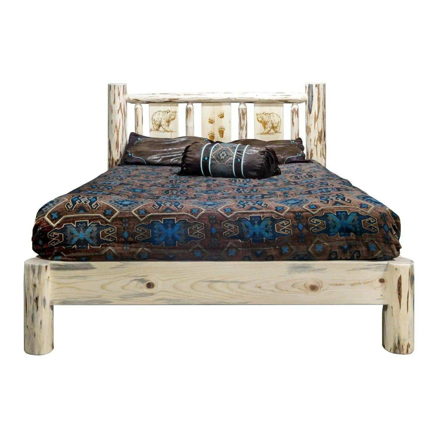 Montana Collection king platform bed with laser-engraved bear design and rustic finish