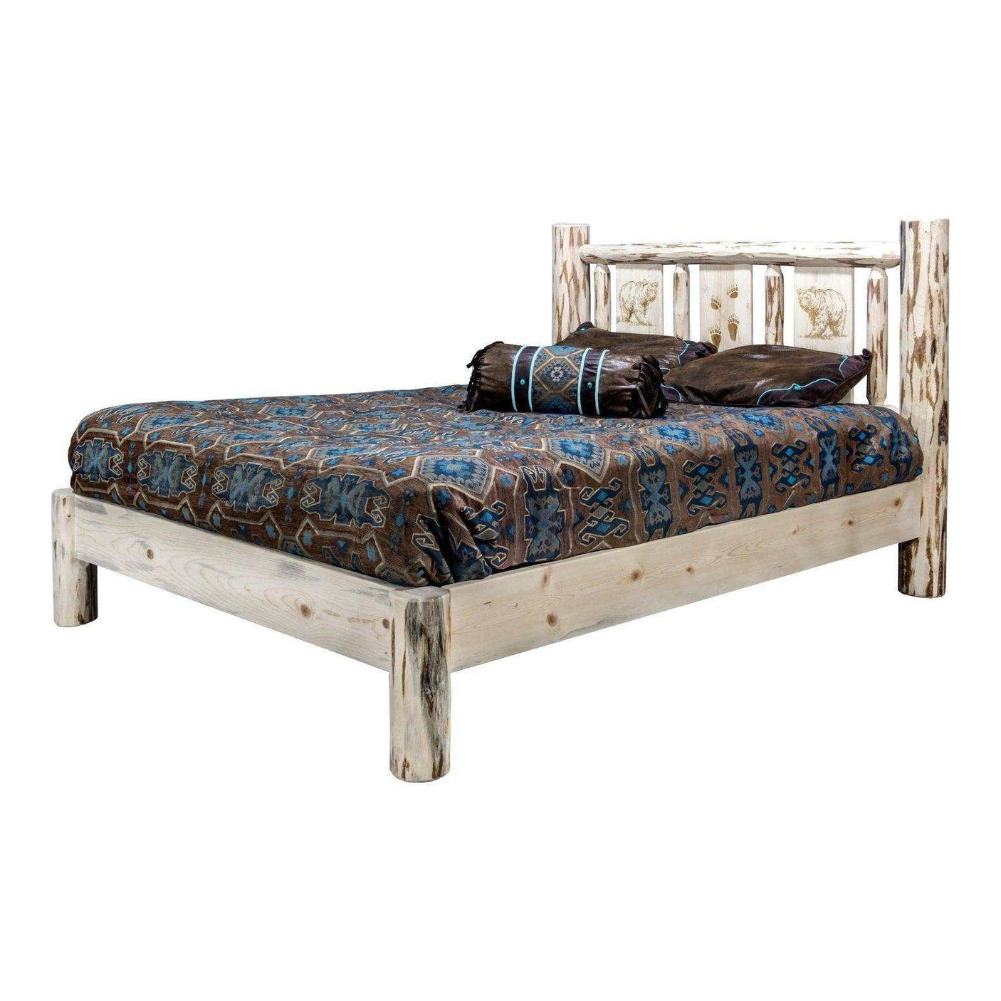 Montana Collection king platform bed with laser-engraved headboard and rustic wood finish