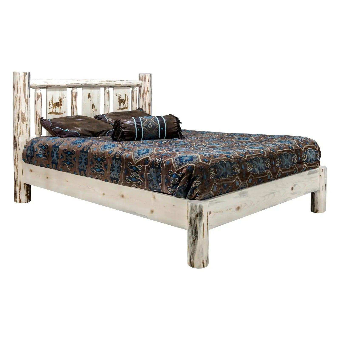 Rustic king platform bed with laser-engraved headboard and clear lacquer finish