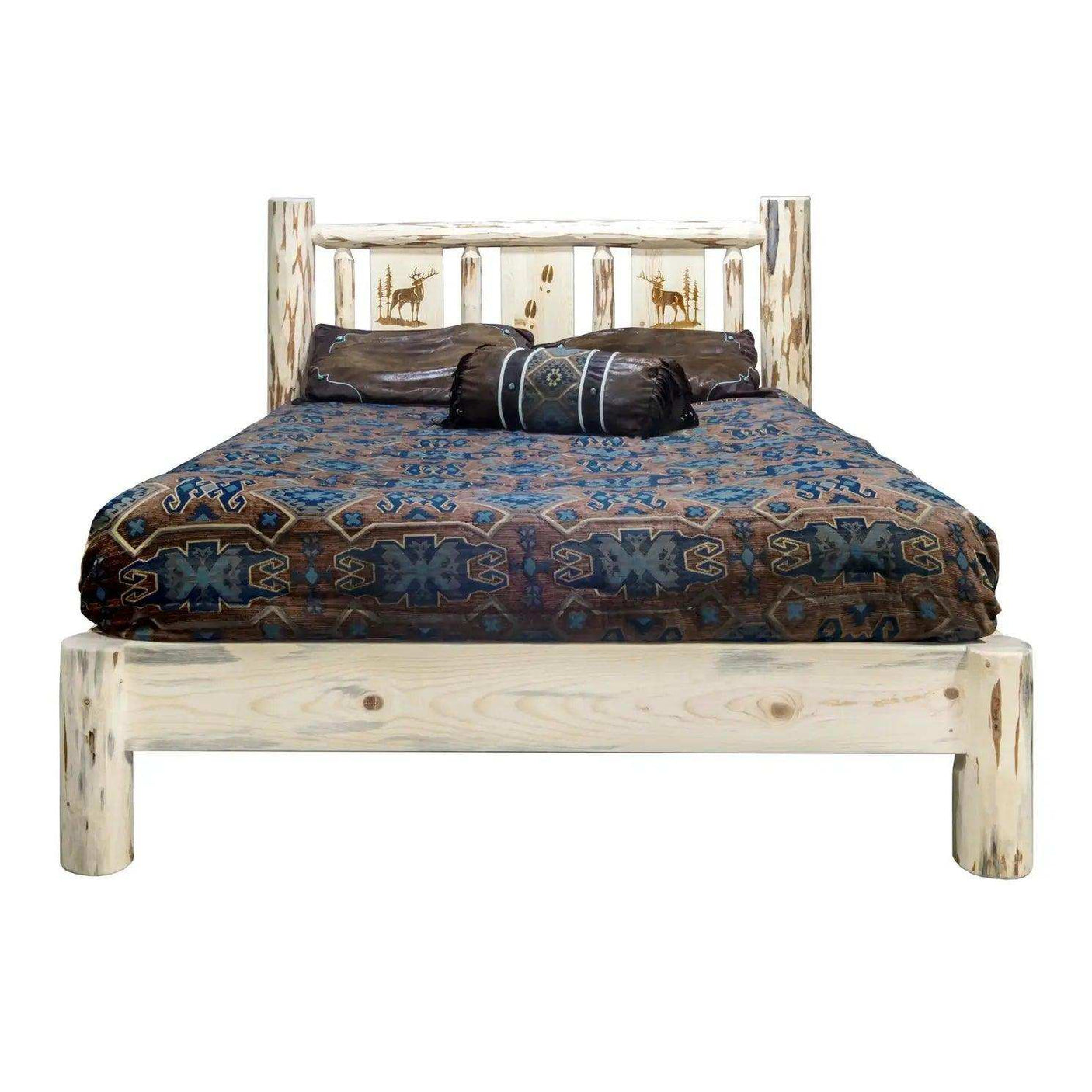 Rustic Montana king platform bed with laser-engraved headboard and clear lacquer finish