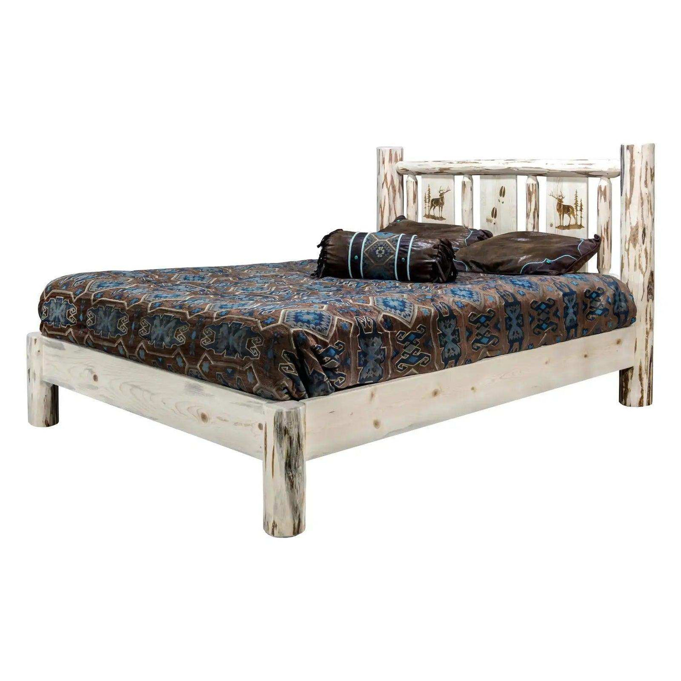 King platform bed with rustic log frame, laser-engraved wildlife headboard, Southwestern bedding