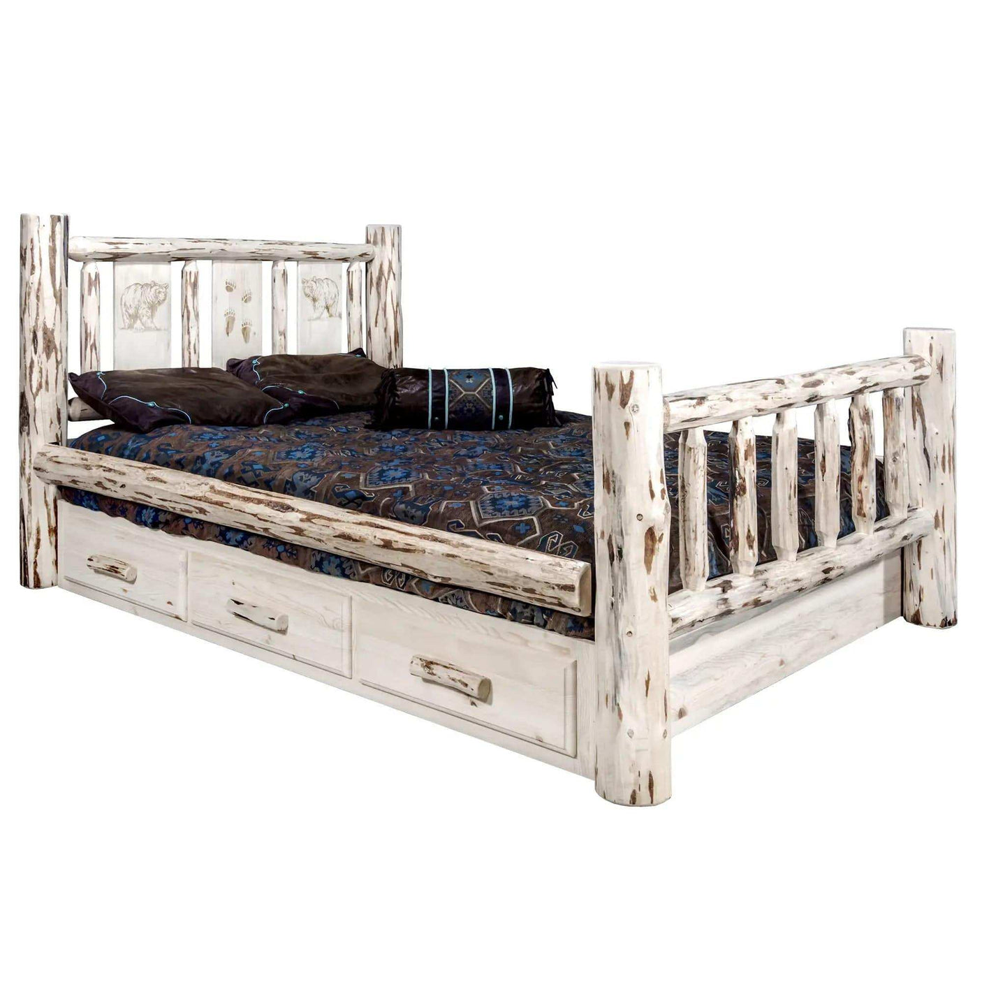 Rustic king storage bed with laser engraved headboard, clear lacquer finish, three drawers
