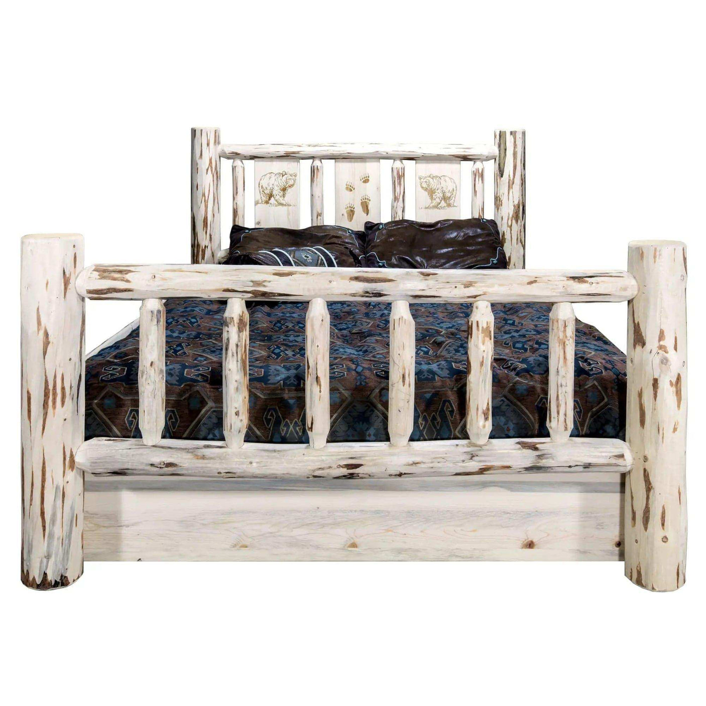 Montana Collection king storage bed with laser-engraved bears, rustic wood finish