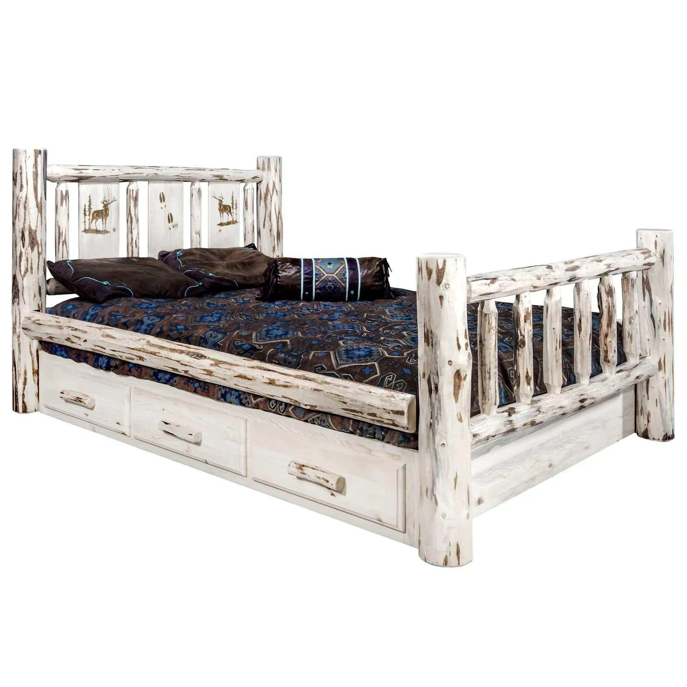 Rustic king storage bed with laser-engraved headboard and clear lacquer finish