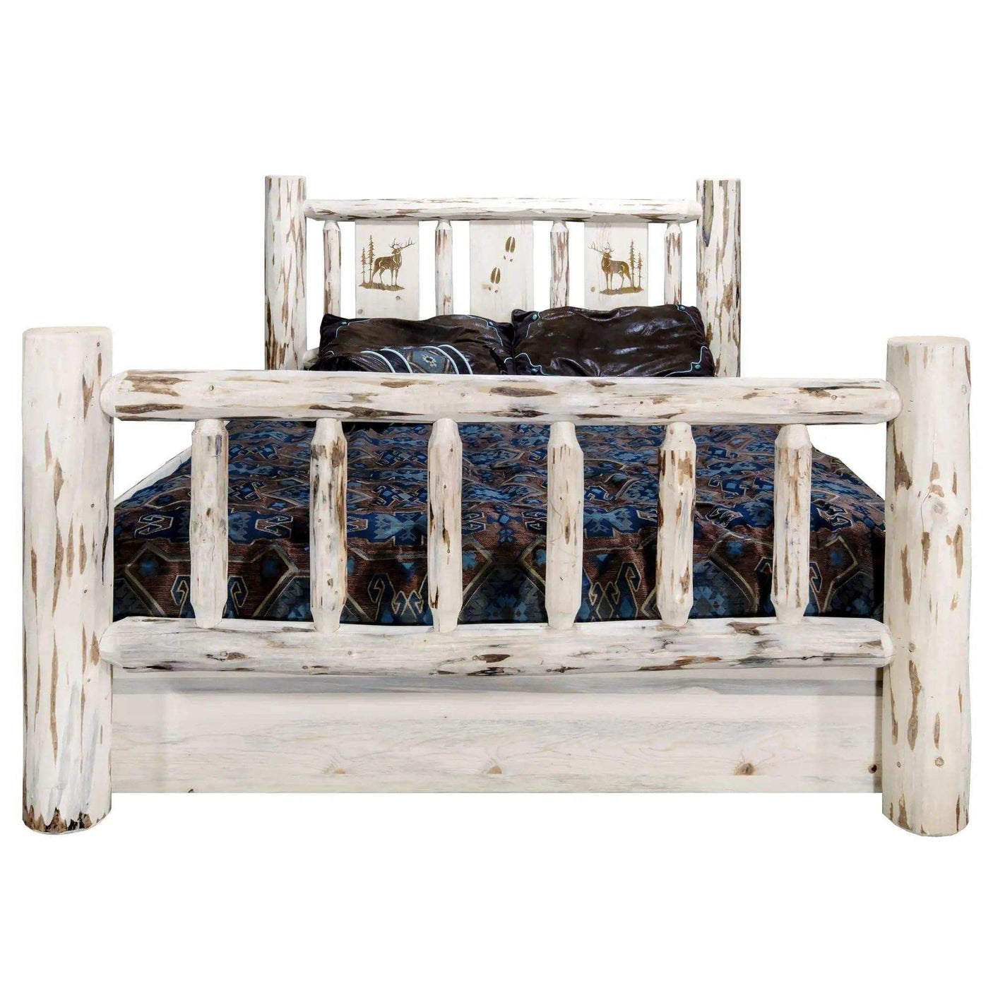 Rustic Montana collection king storage bed with laser engraved deer detail and white finish