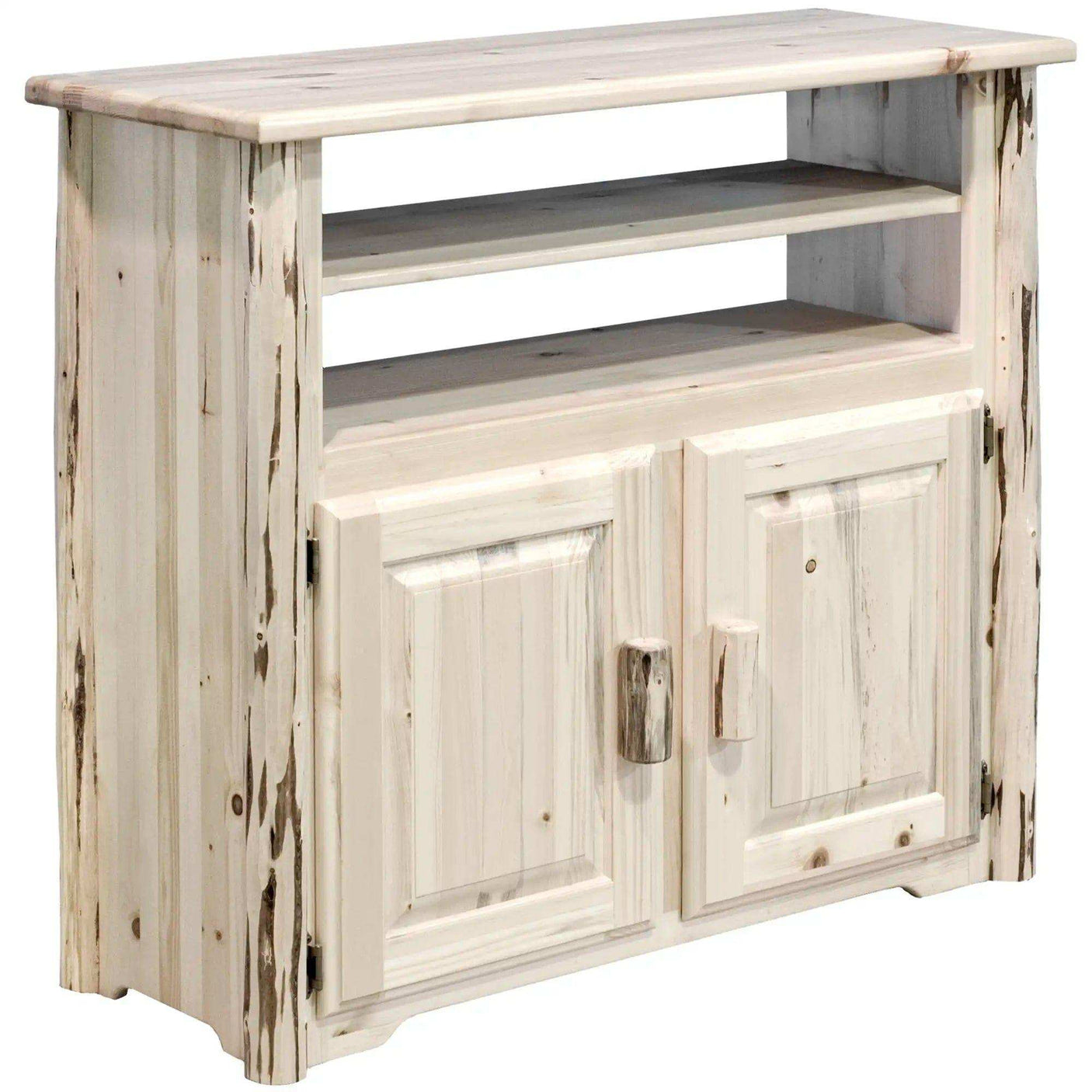 Rustic clear lacquer media center with two shelves and double cabinet doors, Montana Collection