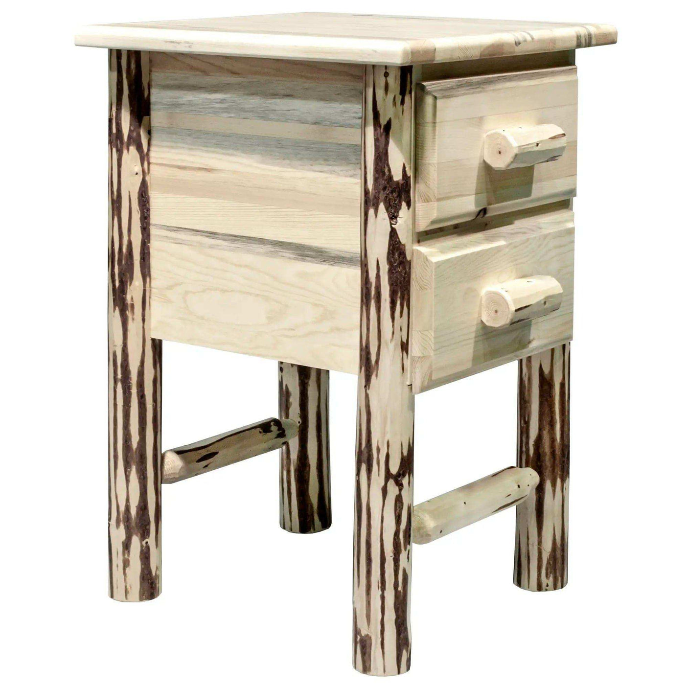 Rustic wood nightstand with two drawers, clear lacquer finish, log-style legs