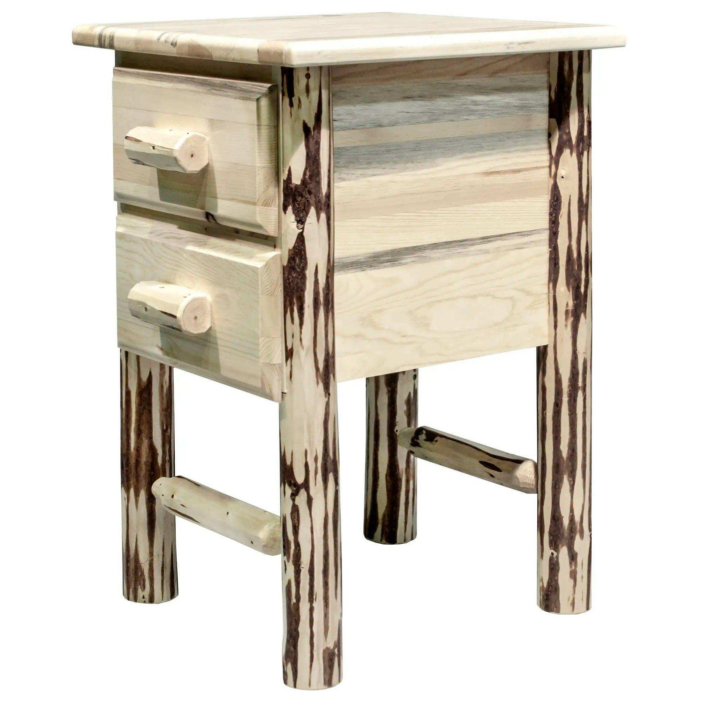 Rustic Montana Collection nightstand with 2 drawers, clear lacquer finish, wood legs