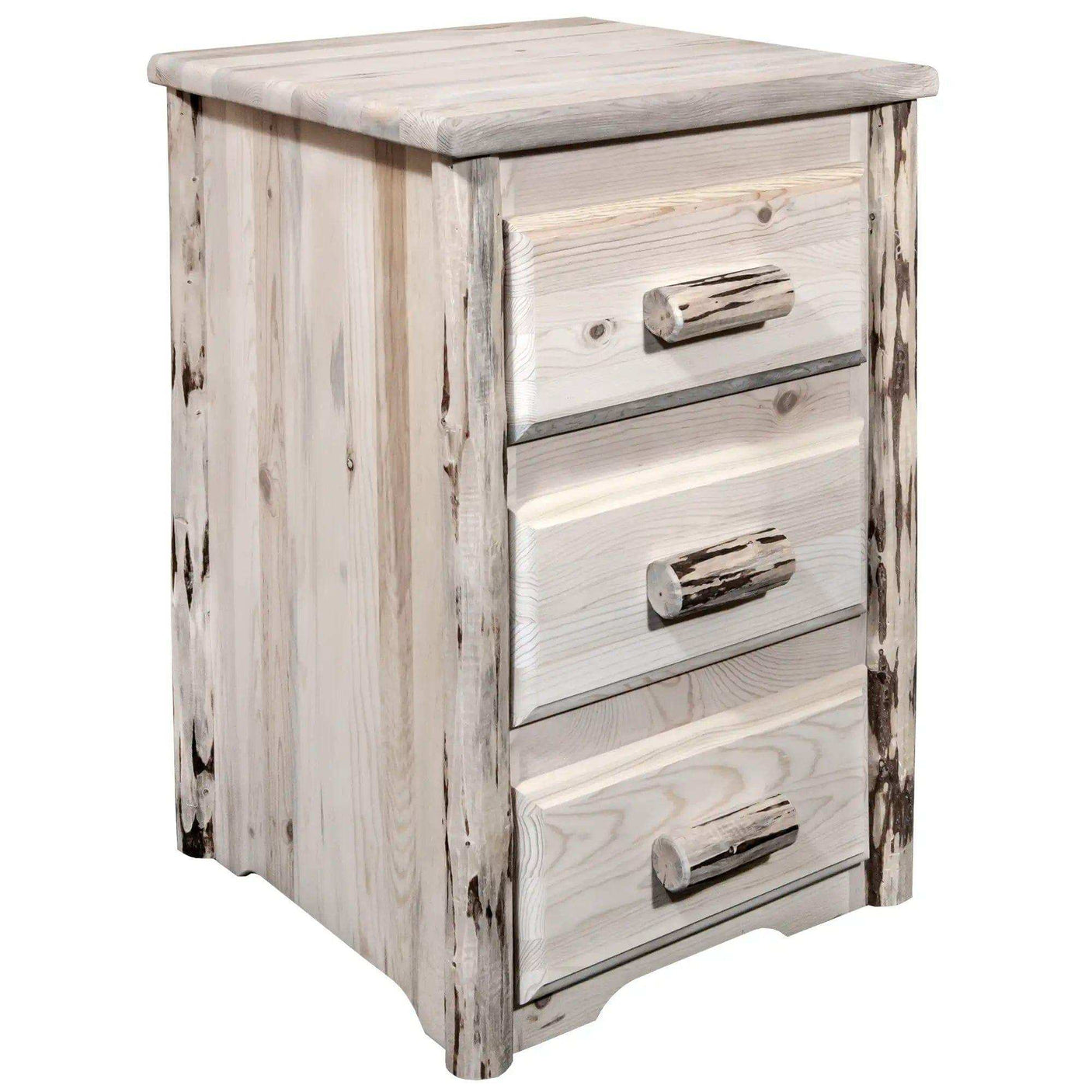 Montana Collection nightstand with 3 drawers, clear lacquer finish, rustic wood design