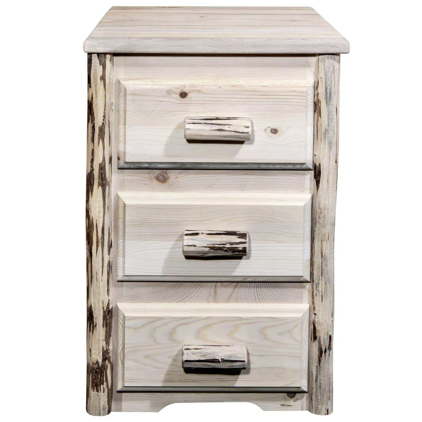 Montana collection nightstand with 3 drawers in clear lacquer finish, rustic wood style