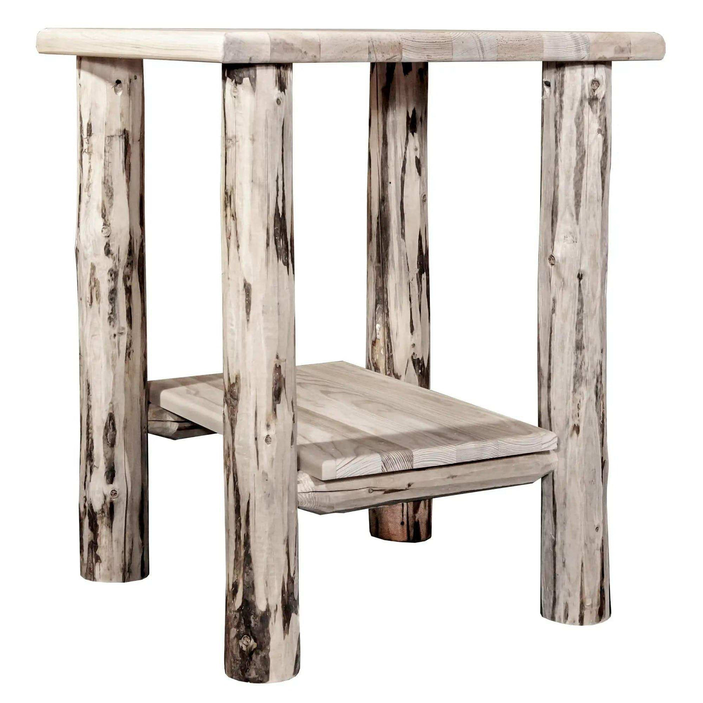 Rustic wood nightstand with shelf and clear lacquer finish, Montana style furniture