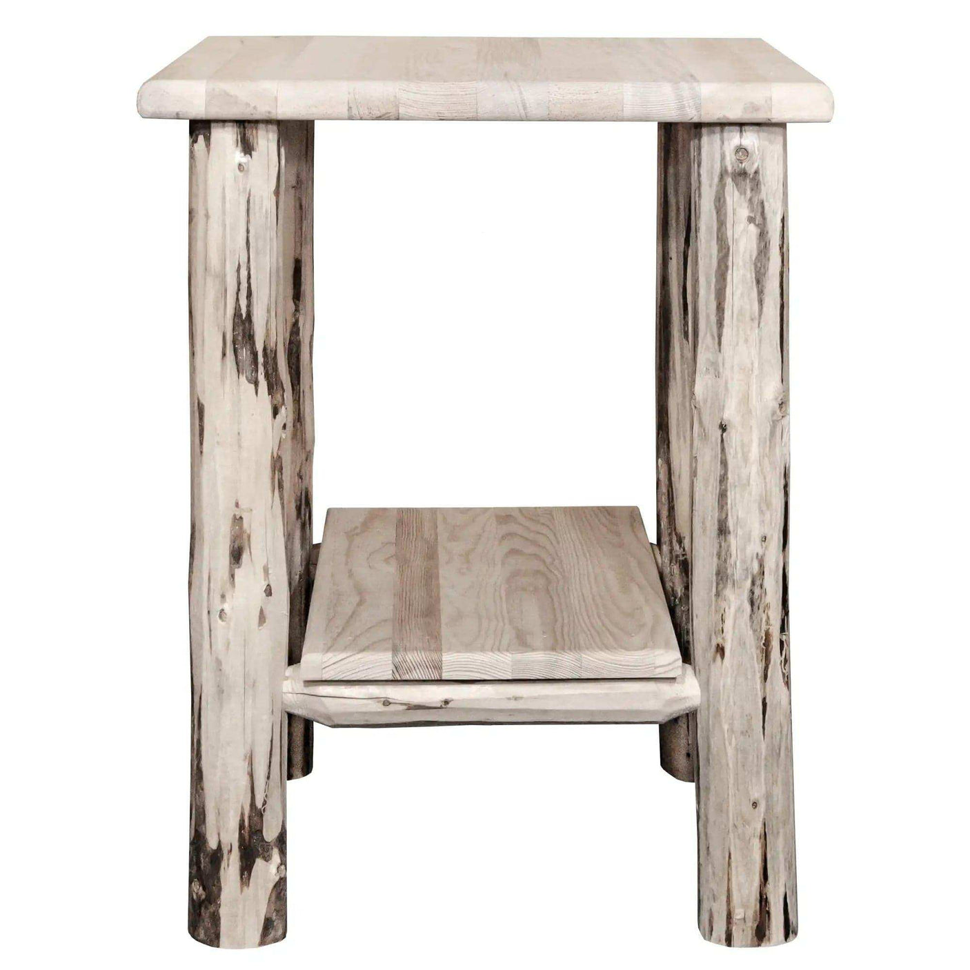 Rustic wood nightstand with shelf, clear lacquer finish, Montana Collection design