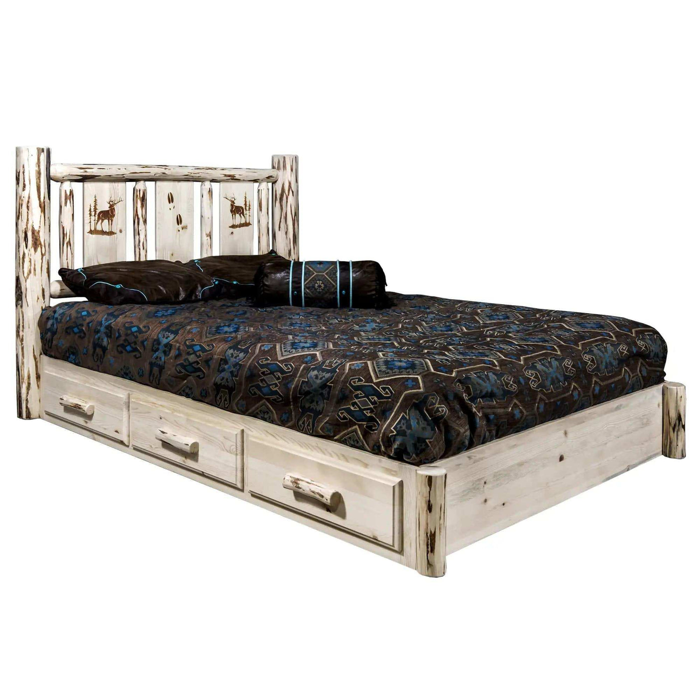 Rustic king platform bed with storage drawers, laser-engraved deer design headboard