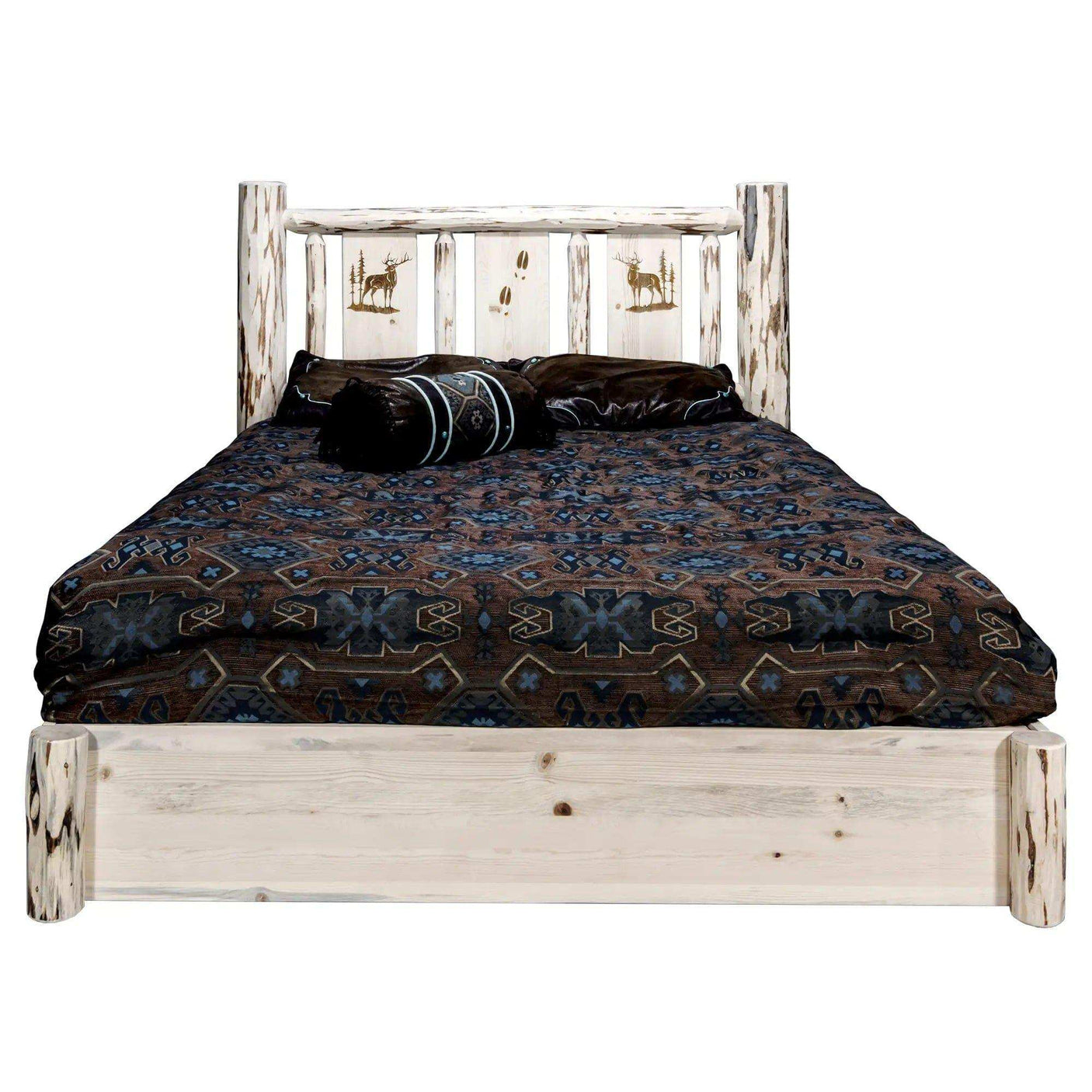 Montana king platform bed with storage, laser-engraved rustic headboard, clear lacquer finish