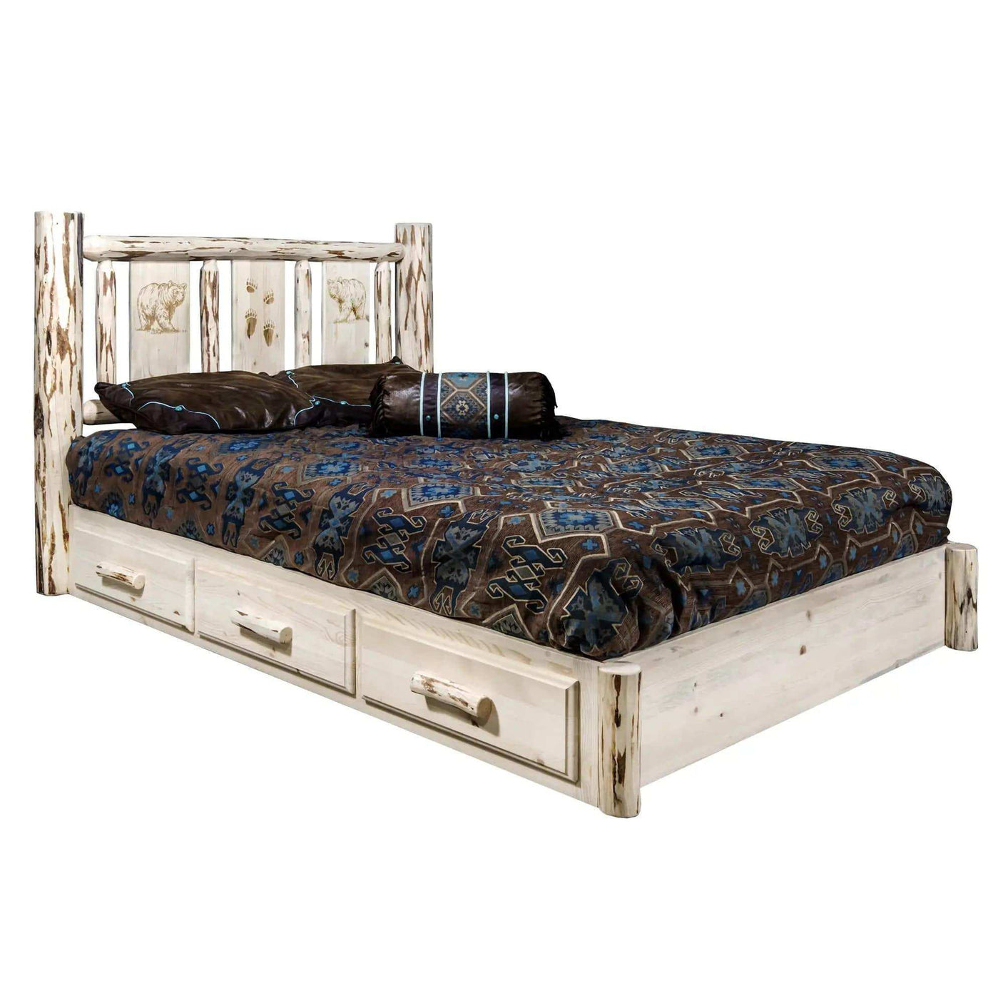 Queen size rustic wood platform bed with storage drawers and laser engraved bear headboard