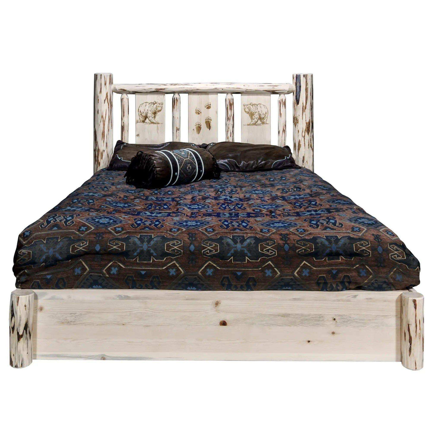 Queen size rustic platform bed with storage, laser-engraved bear and paw designs, patterned bedding
