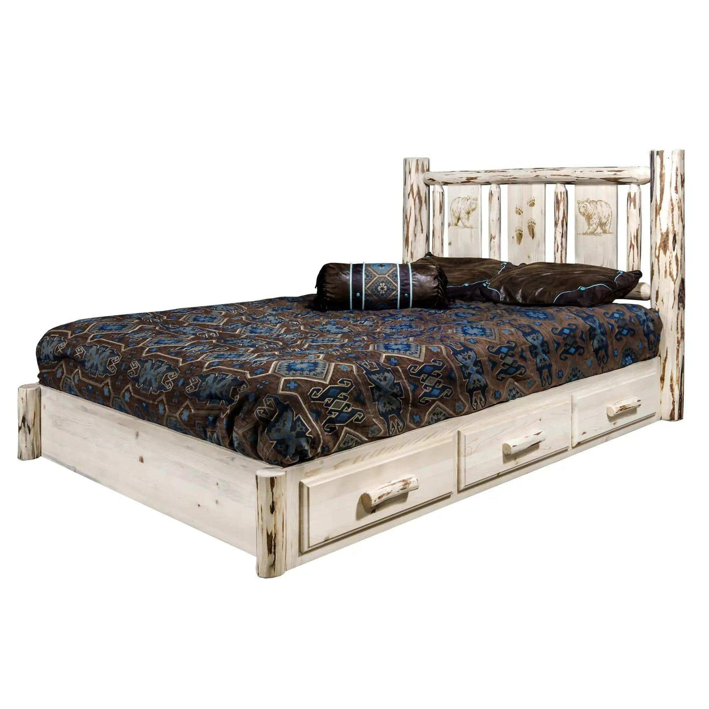 Rustic queen platform bed with storage drawers and laser-engraved headboard in clear lacquer finish