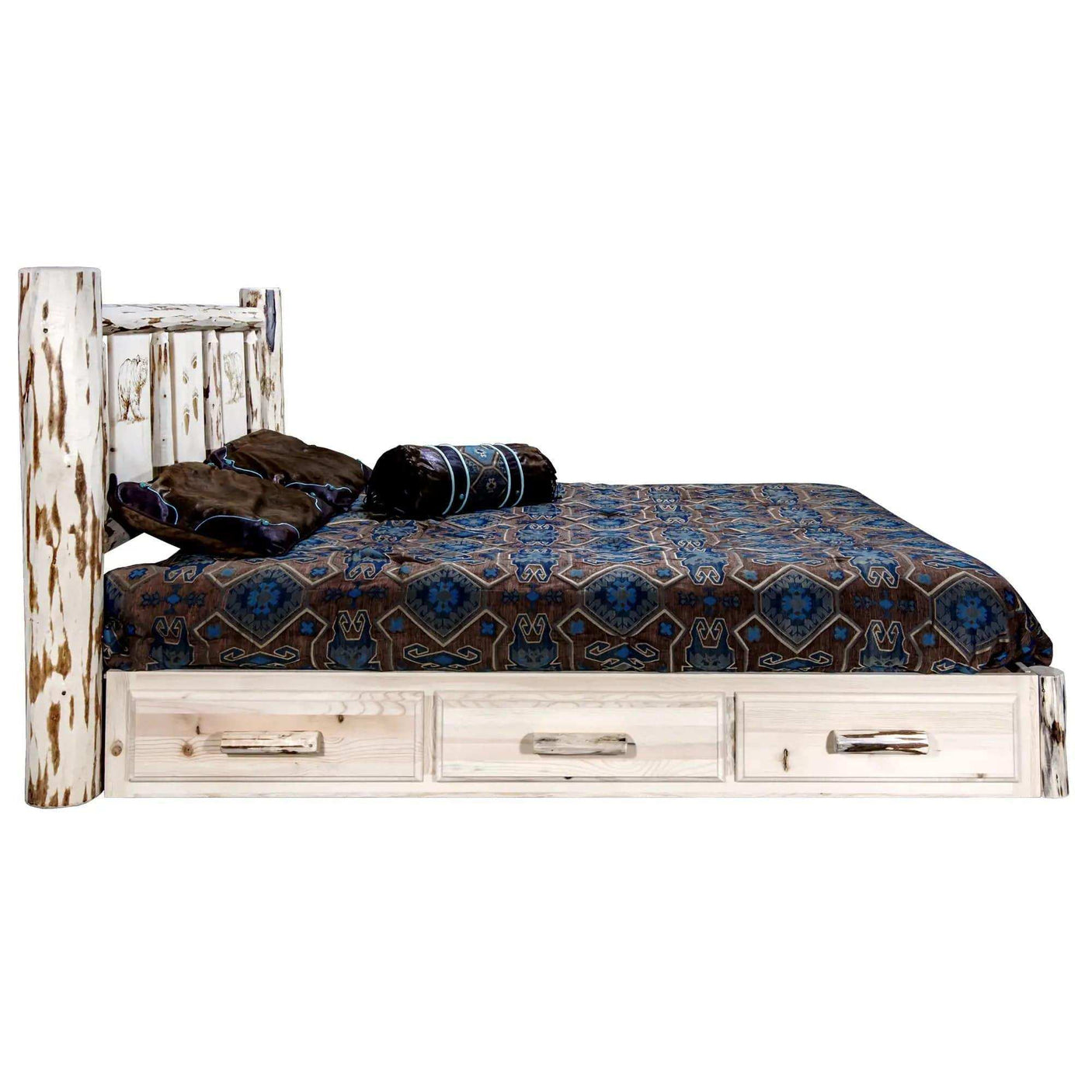 Rustic queen platform bed with storage drawers and engraved headboard, clear lacquer finish