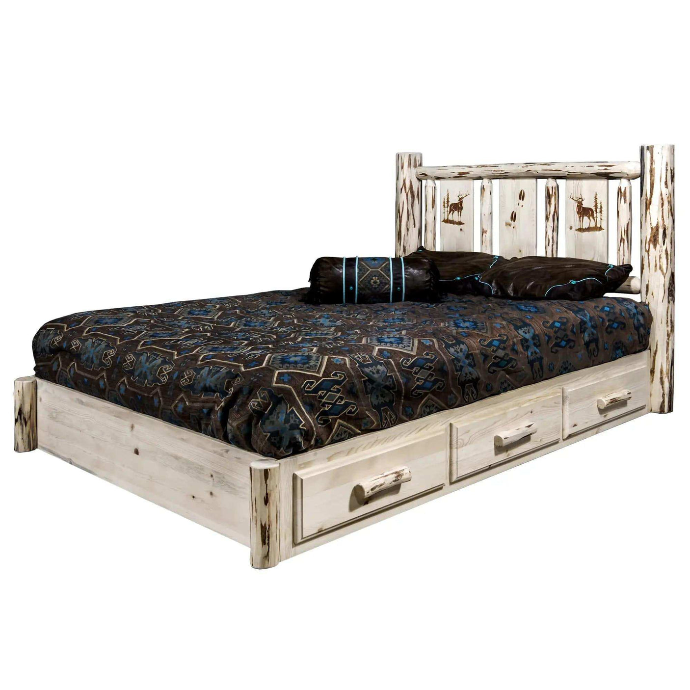 Rustic queen platform bed with storage drawers and laser-engraved wildlife headboard