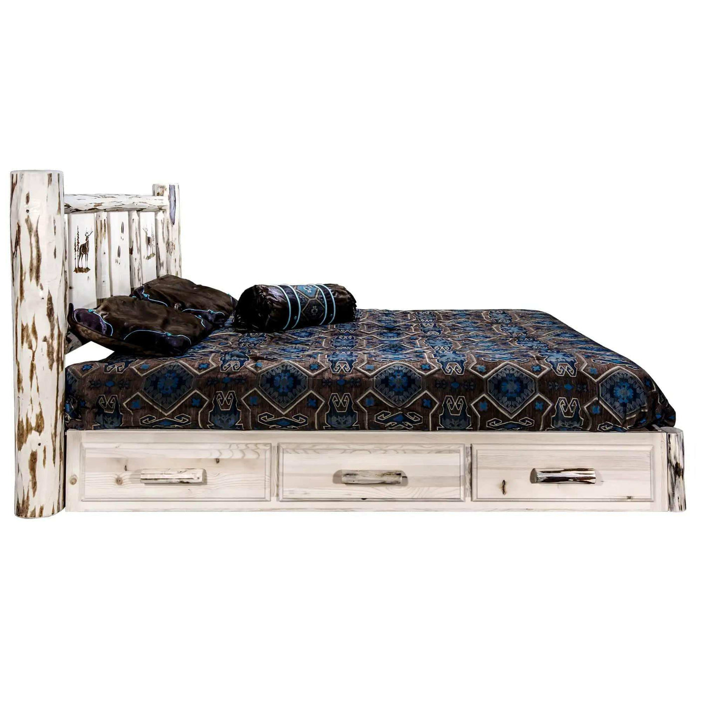 Rustic queen platform bed with storage drawers, laser engraved wood, patterned bedding