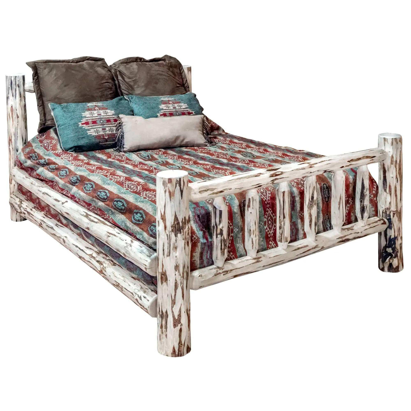 Montana Collection Queen bed with clear lacquer rustic log frame and patterned bedding
