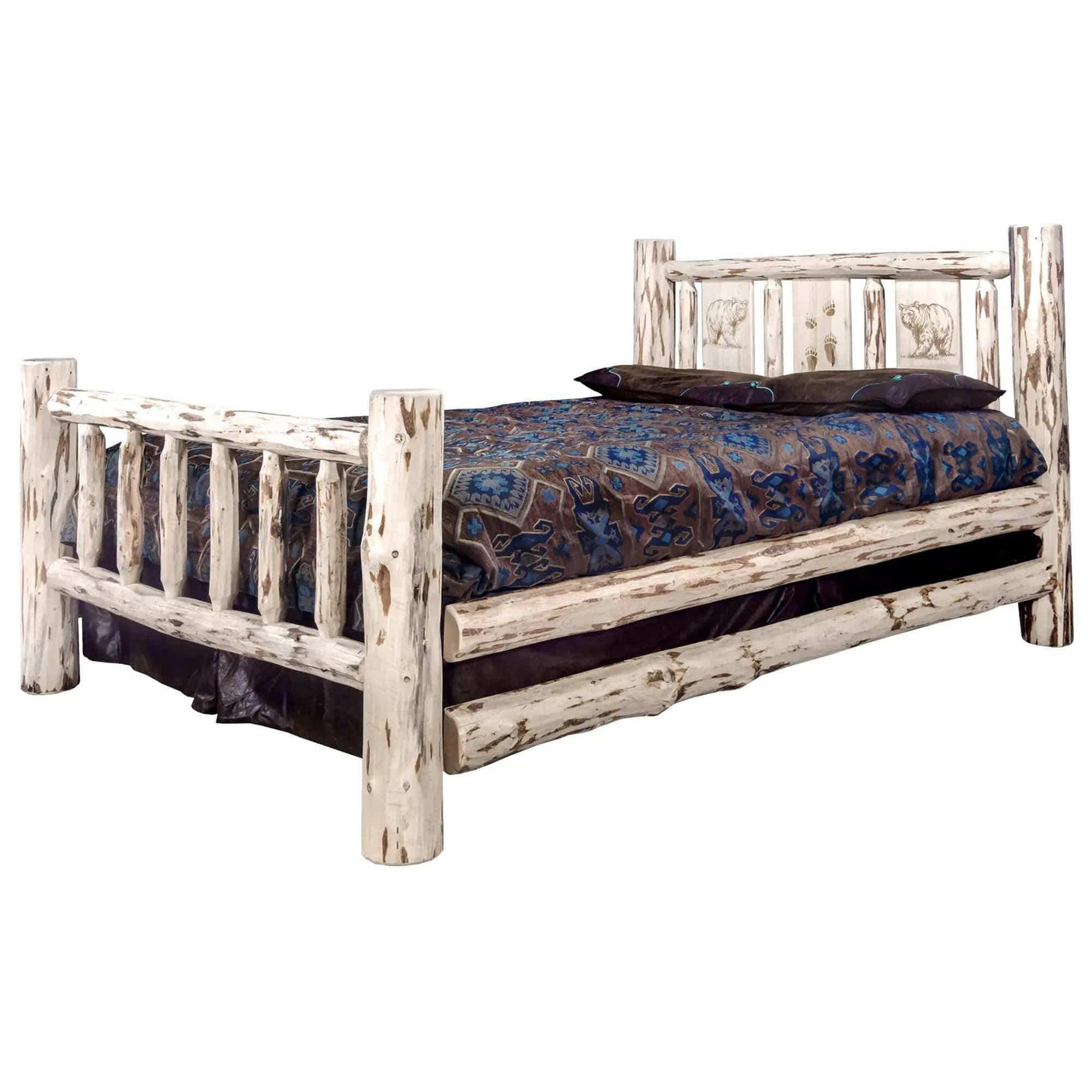 Montana Collection queen bed with laser engraved rustic wood, clear lacquer finish