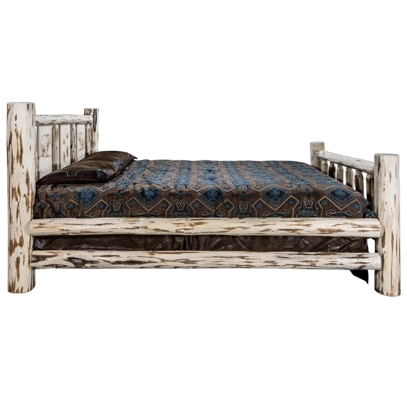 Rustic queen bed with laser-engraved log frame and patterned bedding, clear lacquer finish