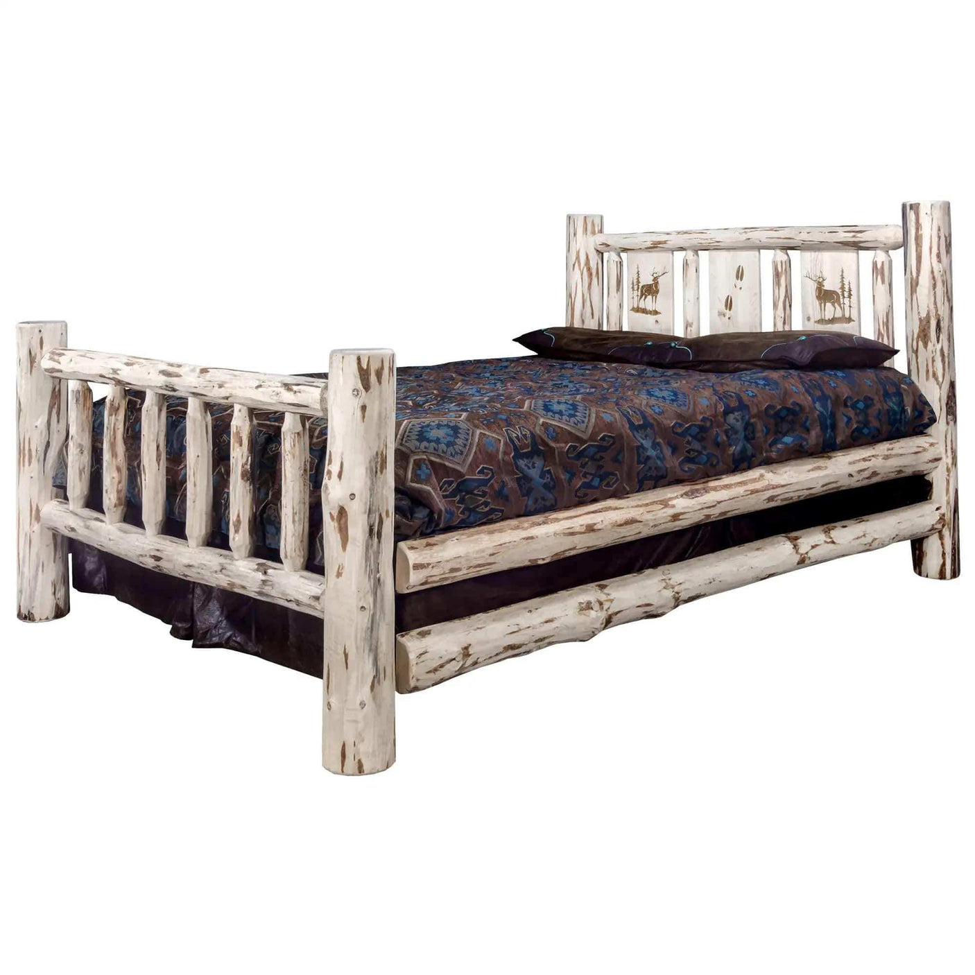 Rustic log queen bed with laser-engraved headboard and clear lacquer finish