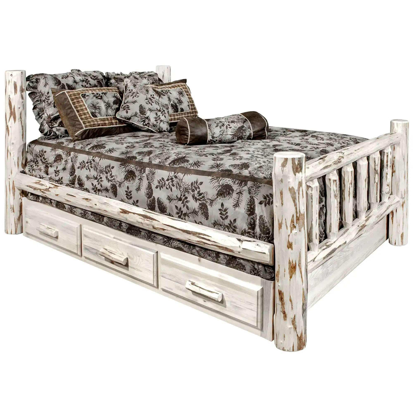 Rustic queen bed with storage drawers, clear lacquer finish, log frame, floral bedding