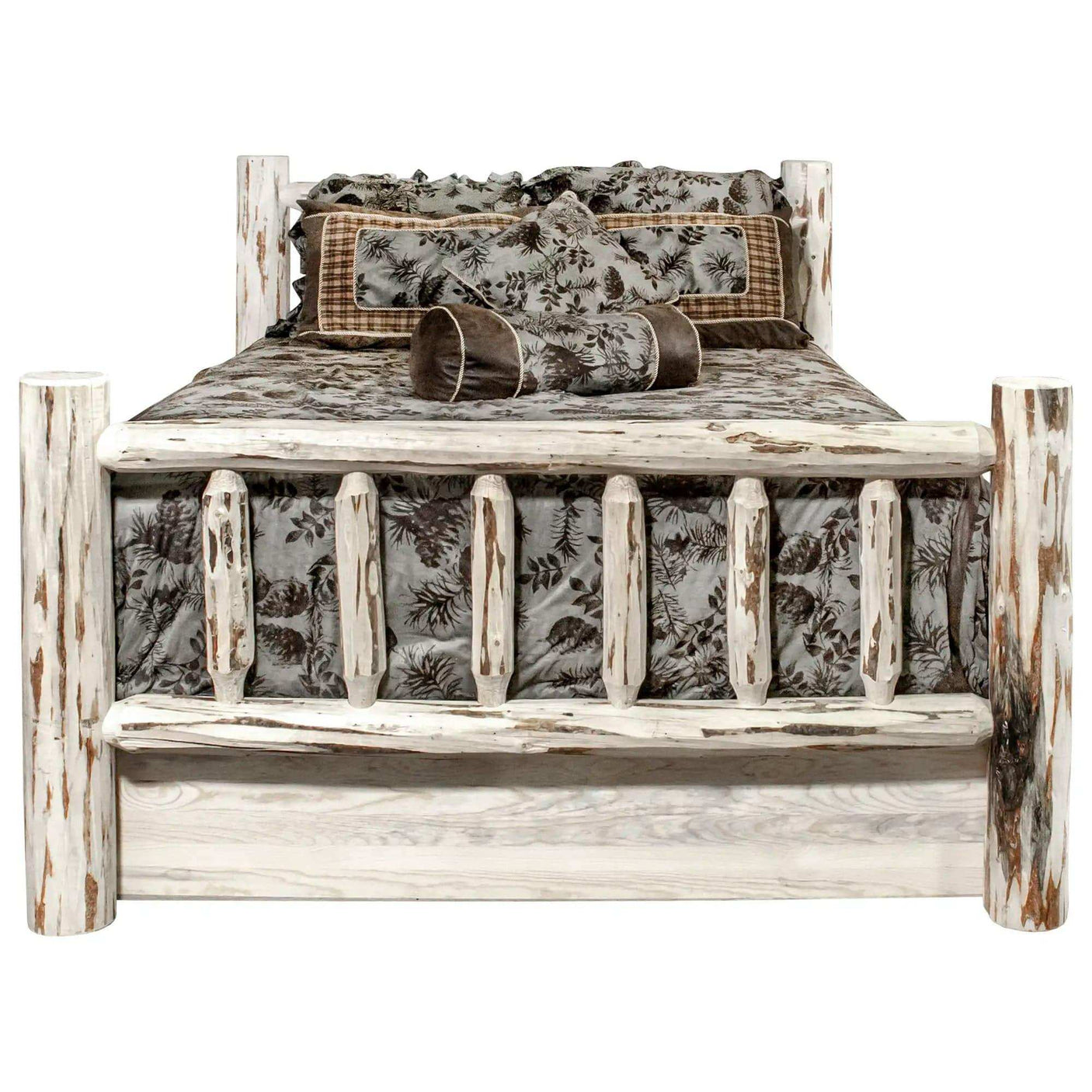 Rustic queen bed with clear lacquer finish, log frame, and patterned bedding