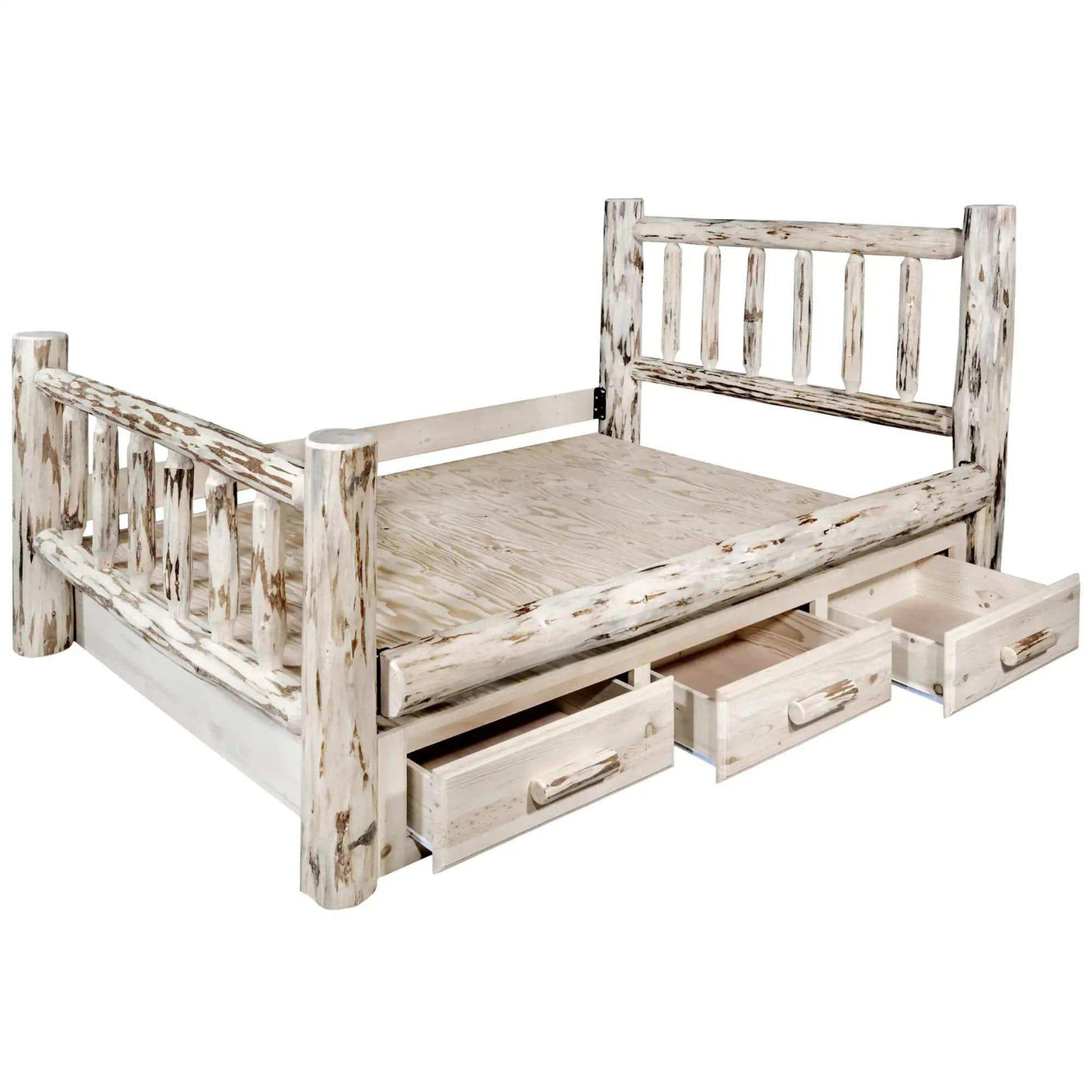 Rustic queen bed frame with storage drawers and clear lacquer finish, log-style wood design