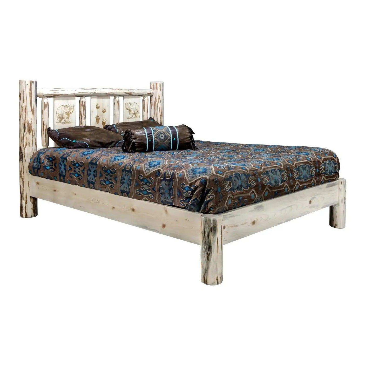 Montana Collection queen platform bed with laser-engraved wood headboard and rustic finish