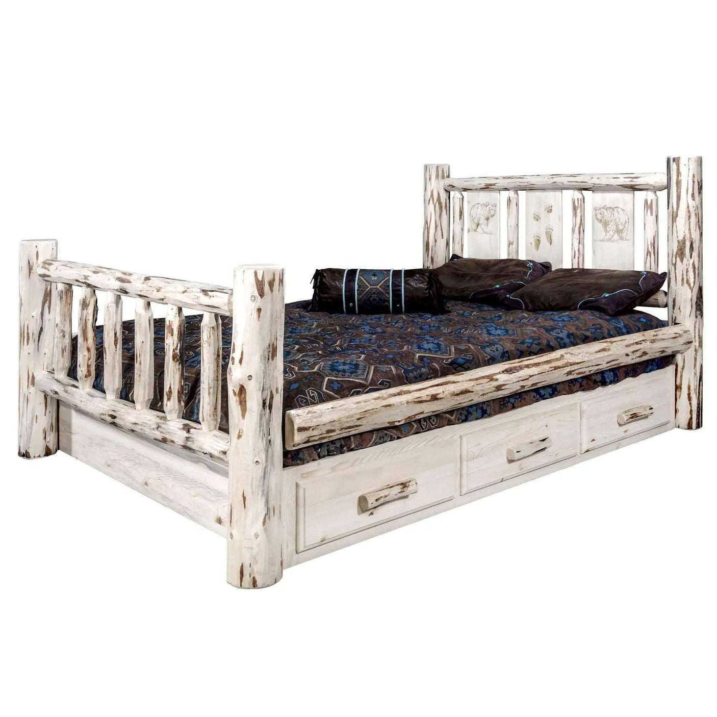 Rustic white Montana queen storage bed with laser-engraved headboard and wood drawers