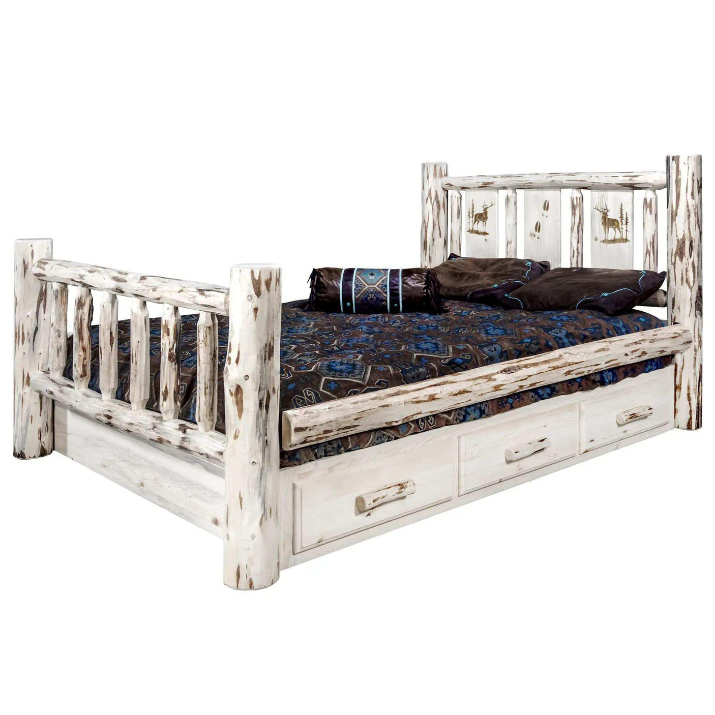 Rustic queen storage bed with laser-engraved headboard and clear lacquer finish