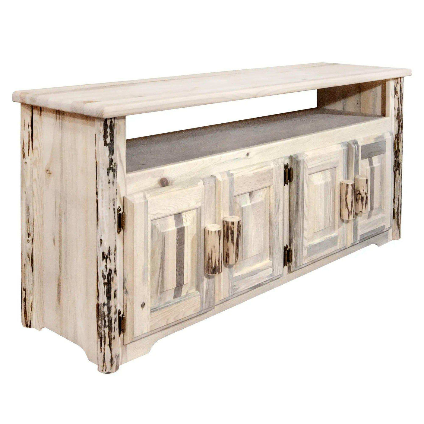 Rustic wooden television stand with clear lacquer finish and natural wood grain details