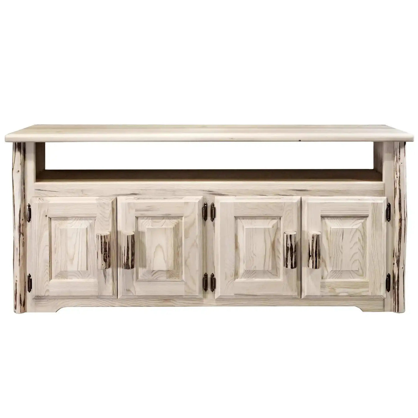 Montana Collection television stand with clear lacquer finish and rustic wood cabinet doors
