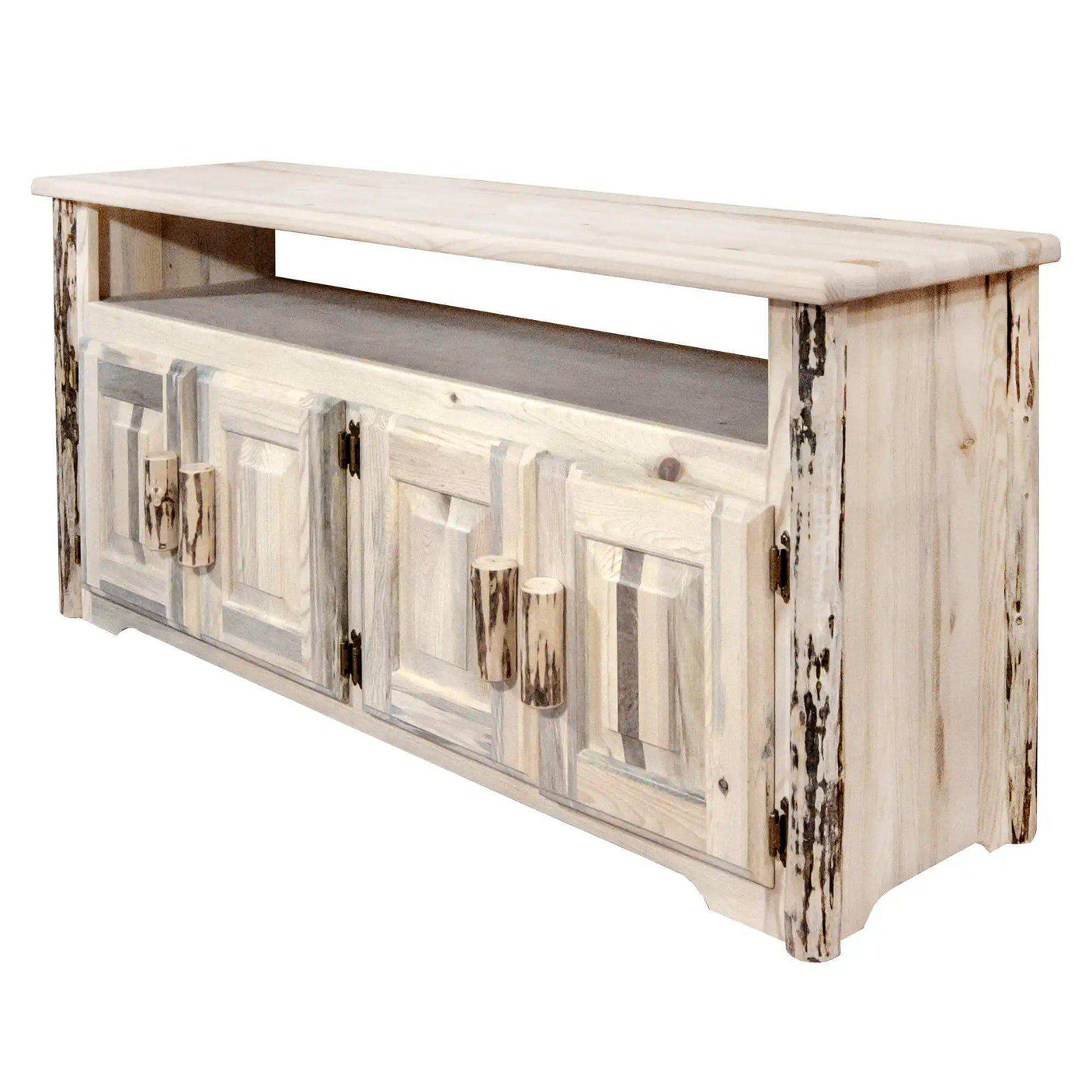 Rustic Montana Collection television stand with clear lacquer finish and four paneled doors
