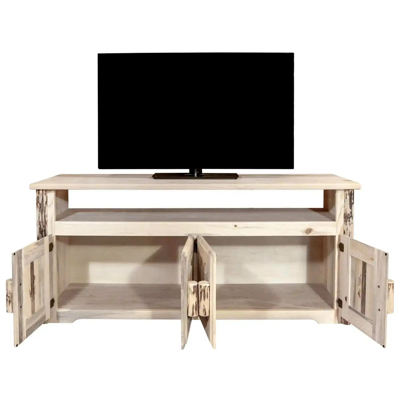 Montana Collection clear lacquer finish wooden TV stand with open cabinet doors