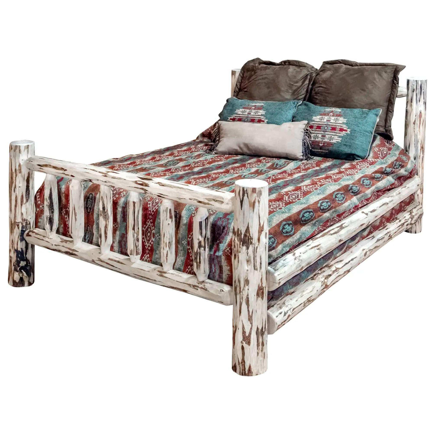 Rustic Montana collection twin bed with clear lacquer finish and patterned bedding