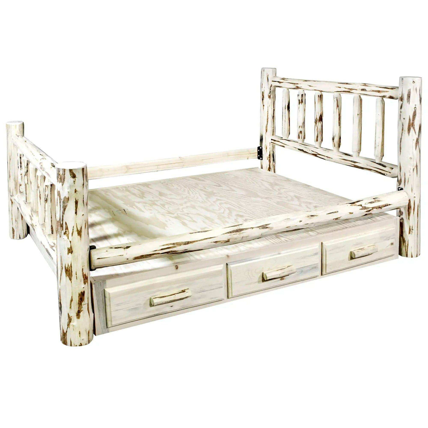Rustic twin bed with storage drawers, clear lacquer finish, log wood frame