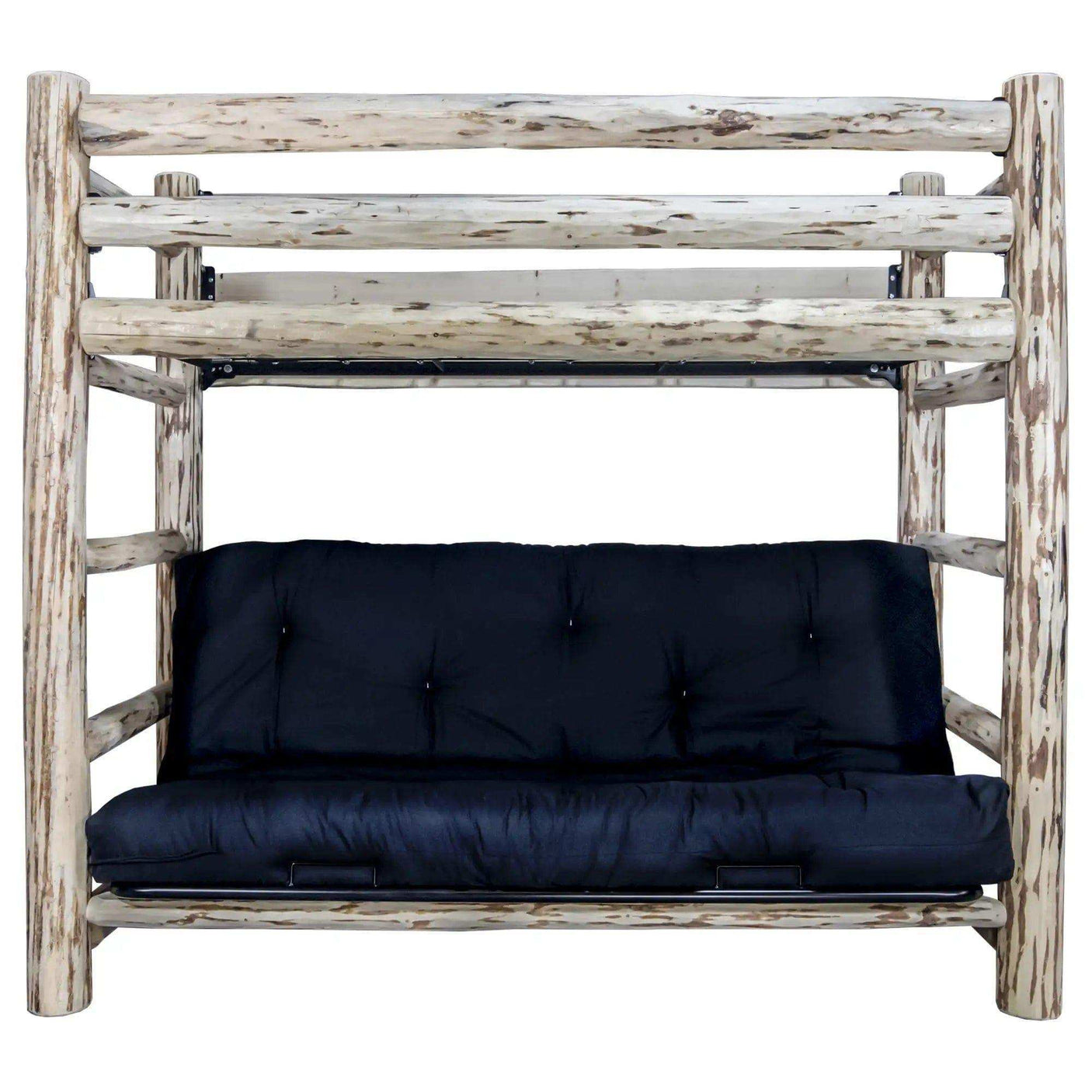Rustic log twin bunk bed over full futon frame with black mattress, clear lacquer finish
