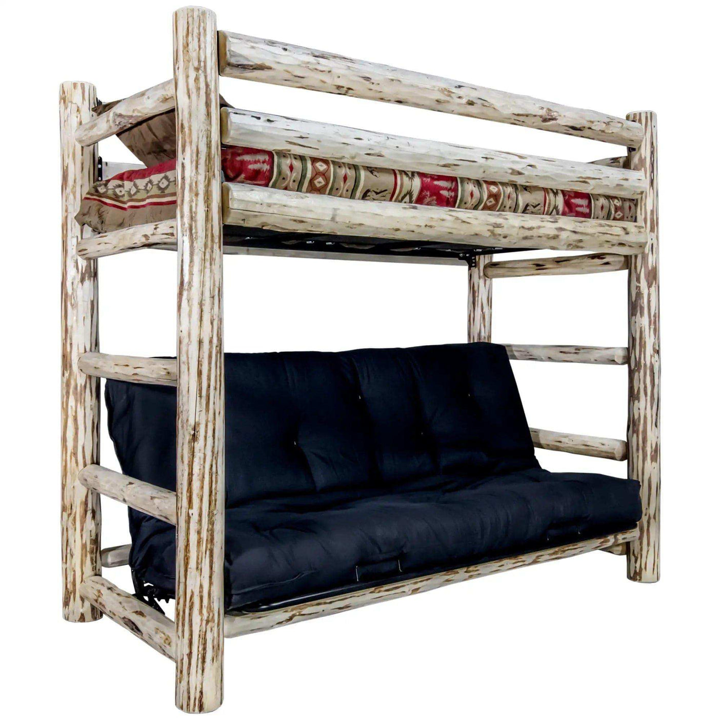 Rustic twin bunk bed over black futon with clear lacquer wood finish