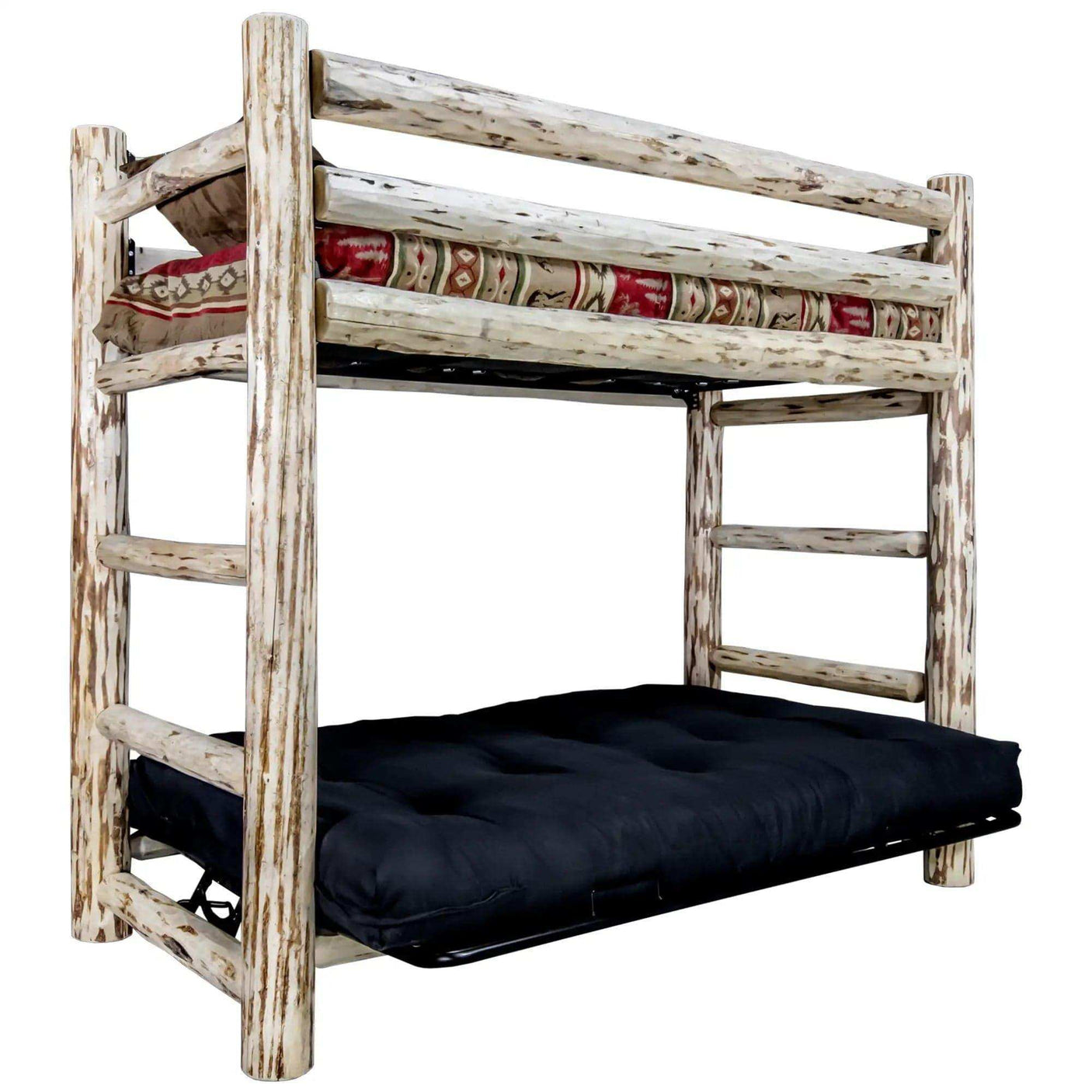 Rustic twin bunk bed over full futon frame with clear lacquer finish and ladder