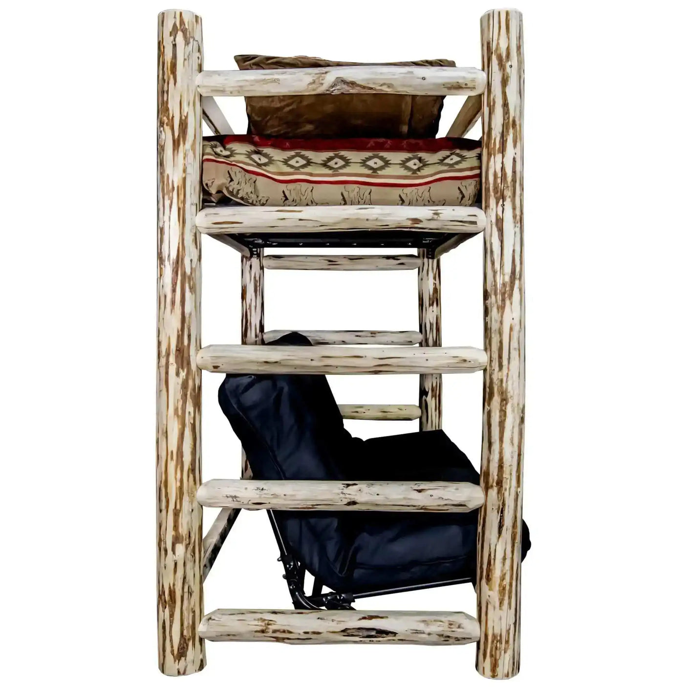 Rustic twin over full bunk bed with futon frame and mattress, log wood design
